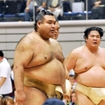 　大相撲夏巡業の朝稽古で左脚の付け根を痛めた高安（左）＝埼玉県熊谷市