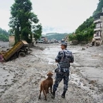 　２７日、ネパール中部で洪水が起きた現場に立つ警察官と捜索犬（ＡＰ＝共同）