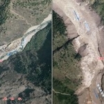 　中国自然資源省が公開した土石流で被害を受けたチベット自治区シガツェ市ギロンの国境検問所周辺の比較写真。左が災害前、右は災害後に撮影された（同省提供、共同）