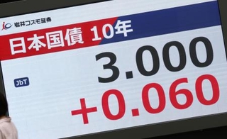 　長期金利の指標となる新発１０年債の利回りが一時３・０００％を付けたことを示すモニター＝１日、東京都中央区