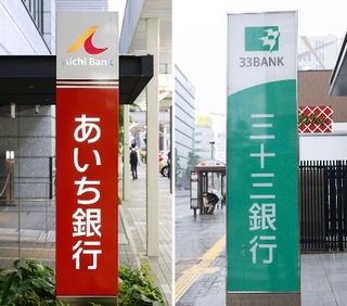 　あいち銀行（左）と三十三銀行の看板