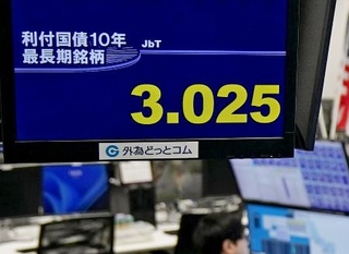 　長期金利の指標となる新発１０年債の利回りが一時３・０２５％をつけたことを示すモニター＝１５日午後、東京都港区の外為どっとコム