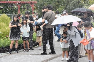 　「とっとり花回廊」の雪を降らせるイベント＝２１日午後、鳥取県南部町