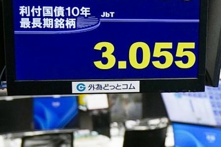 　長期金利の指標となる新発１０年債の利回りが一時３・０５５％を付けたモニター＝２４日午前、東京都港区の外為どっとコム