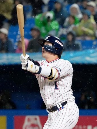 　９回ヤクルト１死二塁、代打山田が左越えにサヨナラ２ランを放つ＝神宮