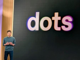 　「ドッツ」について発表する米オープンＡＩのサム・アルトマンＣＥＯ＝２９日、米サンフランシスコ（共同）