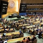 　「イコールアース図法」の採用を加盟国に促す決議案の採決が行われた国連総会＝４日、米ニューヨーク（共同）