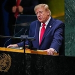 　国連総会一般討論で演説するトランプ米大統領＝２２日、ニューヨーク（ＡＰ＝共同）