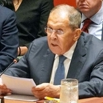 　２３日、国連安全保障理事会の高官級会合で発言するロシアのラブロフ外相＝ニューヨーク（共同）