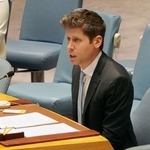 　２３日、国連安全保障理事会の会合で発言する米オープンＡＩのサム・アルトマンＣＥＯ＝ニューヨーク（共同）