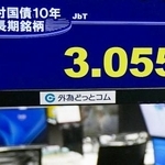 　長期金利の指標となる新発１０年債の利回りが一時３・０５５％を付けたモニター＝２４日午前、東京都港区の外為どっとコム