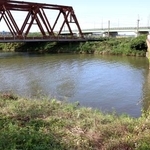 　男児が最後に目撃された東泉町６丁目公園の北側を流れる豊川。左方向へ流れ日本海に注ぐ＝２５日午後、山形県酒田市