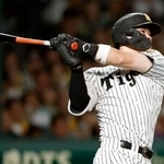 　８回阪神１死一塁、佐藤が右越え２ランを放つ＝甲子園