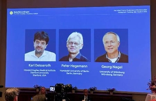 　ノーベル生理学・医学賞の受賞者発表記者会見でスクリーンに映し出された（左から）カール・ダイセロス教授、ペーター・ヘーゲマン教授、ゲオルク・ナーゲル教授＝５日、ストックホルム（共同）