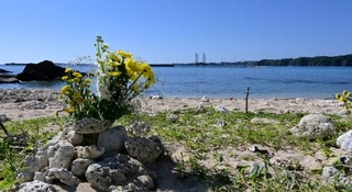 　沖縄県名護市辺野古沖での転覆事故の現場を望む浜に供えられた花＝１６日午前
