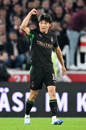 　ドイツ１部リーグのシュツットガルト戦で１-１の後半６分に勝ち越し点を決めたボルシアＭＧの町野修斗＝２３日、独シュツットガルト（ゲッティ＝共同）