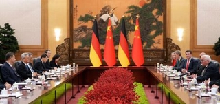 　会談する中国の習近平国家主席（左端）とドイツのシュタインマイヤー大統領（右端）＝３０日、北京の人民大会堂（共同）