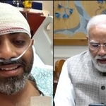 　２日にビデオ通話するインドのモディ首相（右）とスミット・マッチャール機長（モディ首相のユーチューブ映像から、ＡＰ＝共同）