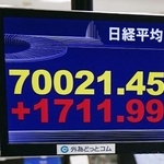 　約３カ月ぶりに７万円を回復した日経平均株価を示すモニター＝５日午前、東京都港区の外為どっとコム