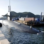 　米軍の戦略原子力潜水艦ケンタッキー＝２０２３年７月、韓国南部釜山の海軍基地（共同）