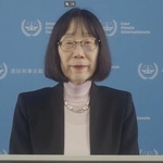 　ビデオ声明で発言する国際刑事裁判所（ＩＣＣ）の赤根智子所長＝９日（ＩＣＣ提供＝共同）