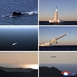 　北朝鮮のミサイル総局が日本海で行った潜水艦発射型の戦略巡航ミサイルの試射＝１４日（朝鮮中央通信＝共同）
