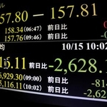 　下げ幅が一時２６００円を超えた日経平均株価を示すモニター＝１５日午前、東京・東新橋