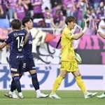 　京都に快勝し、タッチを交わすＧＫ大迫（右から２人目）ら広島イレブン＝Ｅピース