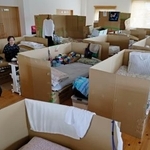 　段ボールベッドが並ぶ熊本県宇城市の避難所＝２７日午前
