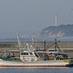 　福島県浪江町の請戸漁港に停泊する漁船。奥は東京電力福島第１原発の排気筒＝２０２４年８月