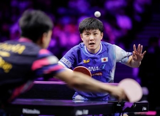 　男子シングルス準々決勝　中国の向鵬と対戦する張本智和＝横浜ＢＵＮＴＡＩ