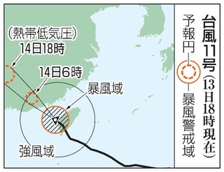 　台風１１号の予想進路（１３日１８時現在）