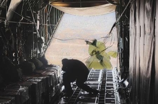 　ヨルダン軍輸送機からガザに物資を投下するヨルダン兵＝１４日（共同）