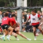 　合宿を公開し、ファンが見守る中で練習するラグビー日本代表＝宮崎市