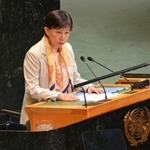 　核実験の禁止を訴える国連総会の会合で発言する中満泉事務次長＝３日、米ニューヨークの国連本部（共同）
