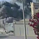 　イスラエル軍による攻撃を捉えた監視カメラの映像＝９日、カタールの首都ドーハ（ゲッティ＝共同）