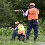 　研修会で、町から緊急銃猟の委託を受け証票となる腕章を着けて発砲までの工程を確認するハンター＝８月、北海道下川町
