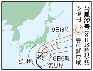 　台風２２号の予想進路（８日１８時現在）