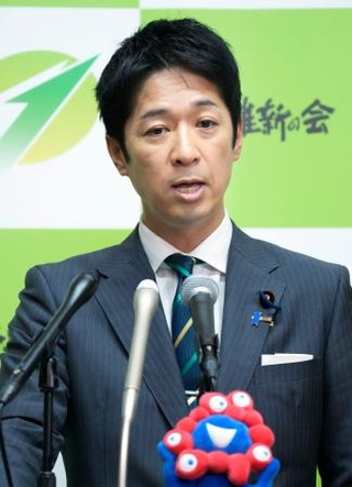 　記者会見する日本維新の会の藤田共同代表＝２９日午後、国会