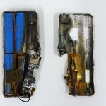 　リチウムイオン電池の事故再現実験で焼損したモバイルバッテリー