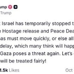 　トランプ米大統領が４日、ＳＮＳに投稿したメッセージ。イスラエルがパレスチナ自治区ガザ攻撃を巡り一時的に爆撃を停止したとして「感謝する」と記した（ＳＮＳトゥルース・ソーシャルから）