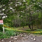 　林道の入り口に張られた規制線とクマ出没に注意を呼びかける看板（左端）＝５日午前、宮城県栗原市