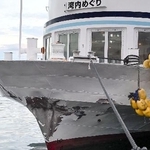 　船首部分が大きく傷ついた遊覧船「ちどり」＝５日午後５時１５分ごろ、静岡県沼津市の沼津港