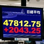 　４万７０００円を突破した日経平均株価を示すモニター。前週末終値からの上げ幅は一時２０００円を超えた＝６日午前、東京都港区の外為どっとコム
