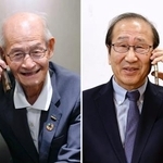 　ノーベル化学賞受賞が決まり、吉野彰・旭化成名誉フェロー（左）と電話対談する北川進京都大特別教授＝８日夜