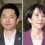 　自民党の高市総裁（右）と日本維新の会の吉村代表。自民と維新は連立政権樹立で事実上合意した＝１５日、国会