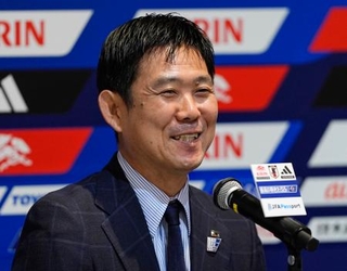 　サッカー国際親善試合のガーナ戦とボリビア戦に臨む日本代表メンバーを発表し、記者会見する森保監督＝６日、東京都内