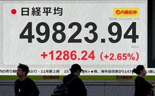 　日経平均株価の終値を示すモニター＝２０日午後、東京都中央区