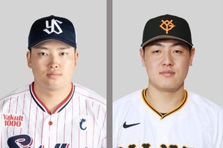 　（左から）ヤクルトの村上宗隆内野手、巨人の岡本和真内野手