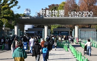 　多くの人でにぎわう上野動物園の正門＝２２日午前、東京都台東区